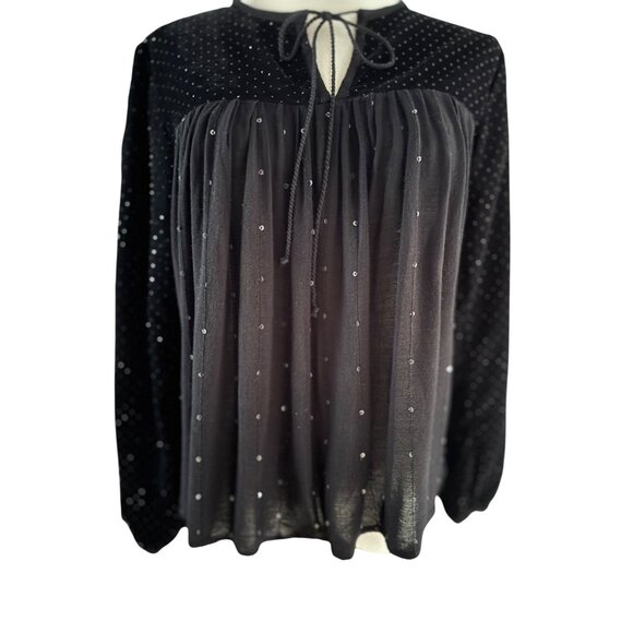 ZARA Medium Black Velvet & Sequins Long Sleeve Top Delicate Tie Neckline - Picture 10 of 11